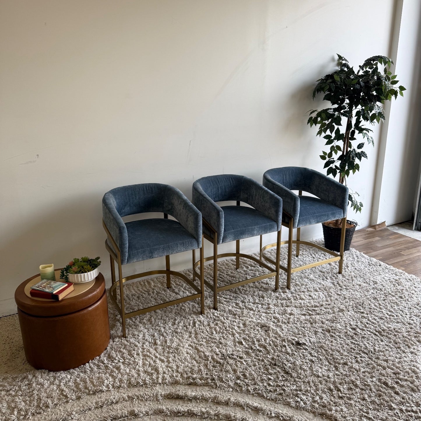 Interior Define Mina Metal Framed Stool in Blue Performance Vintage Velvet