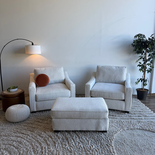 Lindsay Accent Chairs Set w/Ottoman in Dove Cream Colored Fabric