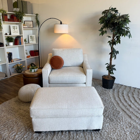 Lindsay Accent Chair w/Ottoman in Dove Cream Colored Fabric