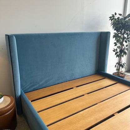 Interior Define Graham Bed In Blue Performance Plush Velvet with Contrast Piping
