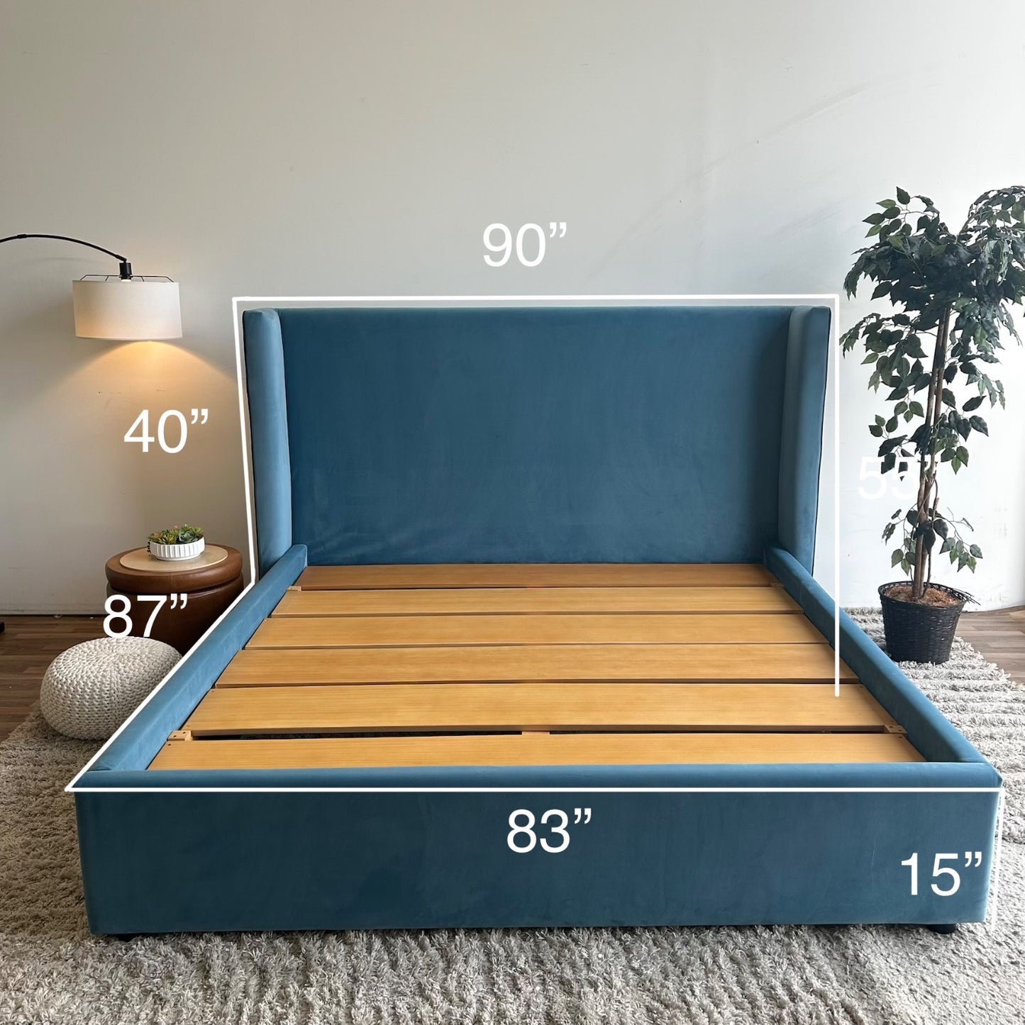 Interior Define Graham Bed In Blue Performance Plush Velvet with Contrast Piping