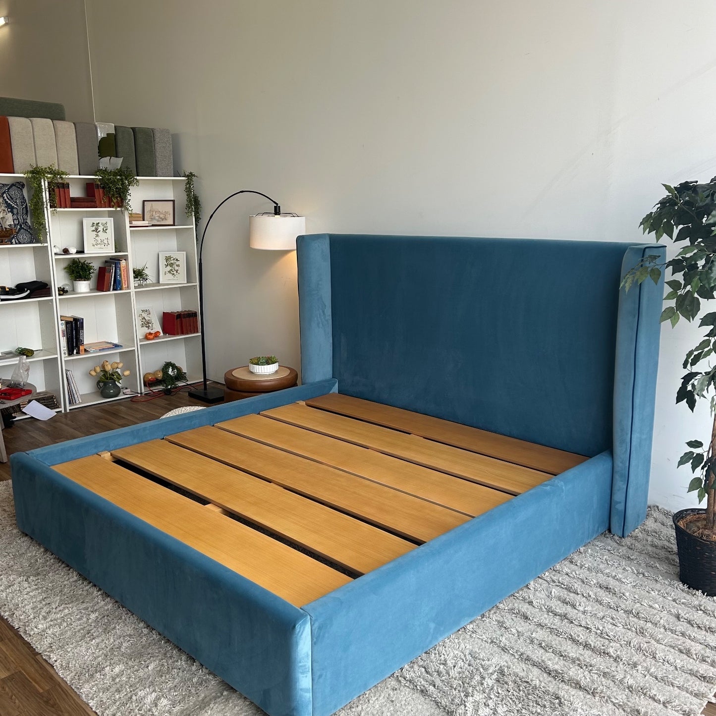 Interior Define Graham Bed In Blue Performance Plush Velvet with Contrast Piping