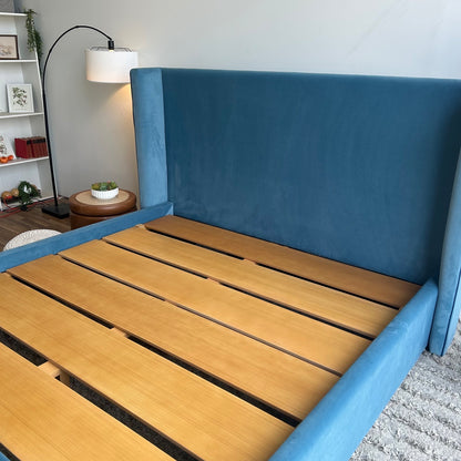 Interior Define Graham Bed In Blue Performance Plush Velvet with Contrast Piping