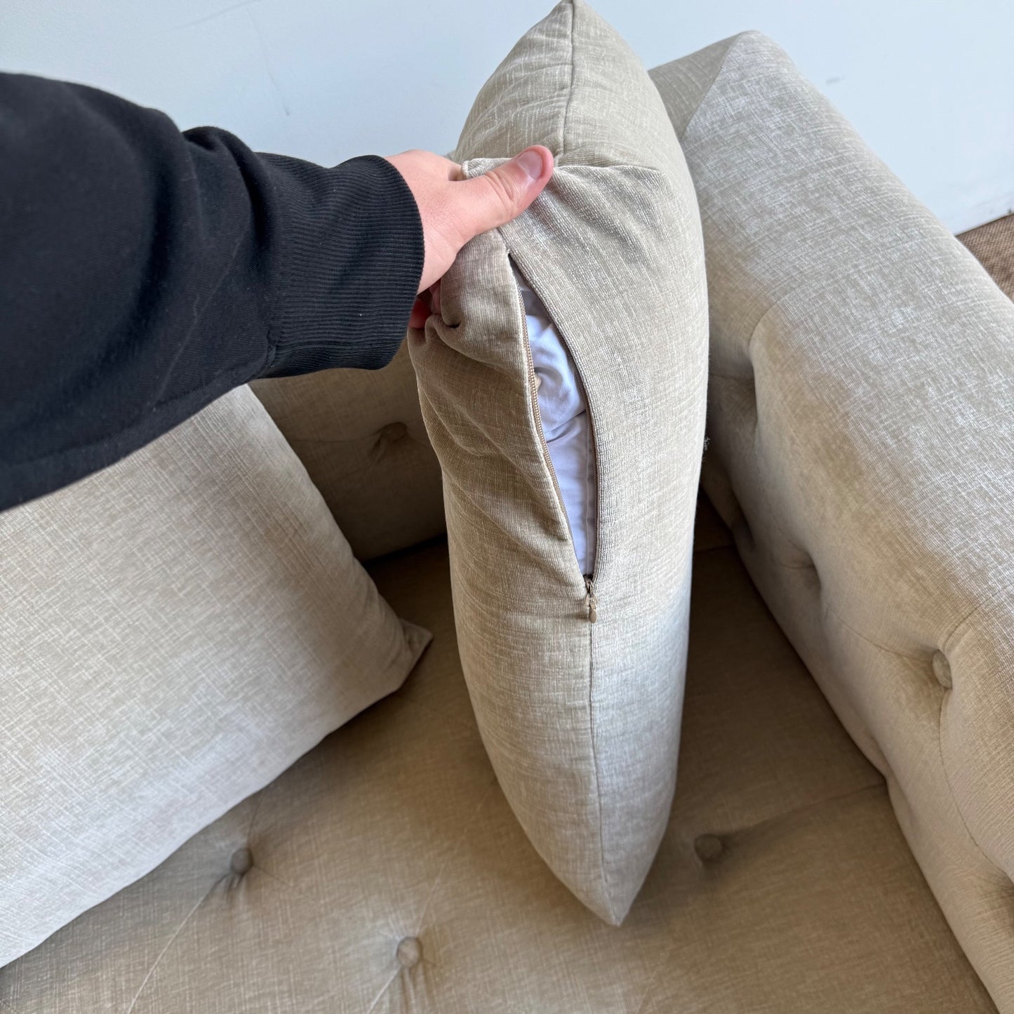 Interior Define Ms. Chesterfield Loveseat in Beige Performance Vintage Velvet