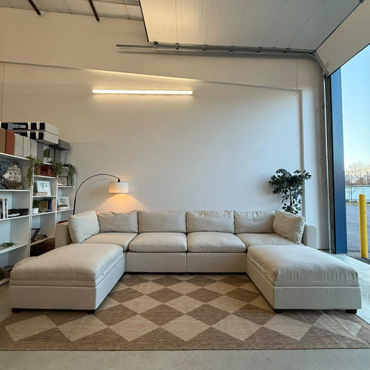 Albany Park Kova Modular Sofa Double Chaise Storage Ottomans in Dune Performance Linen