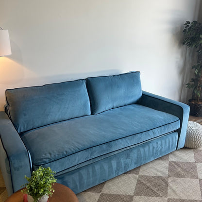 Interior Define James Sleeper Couch with Contrast Piping in Blue Performance Velvet