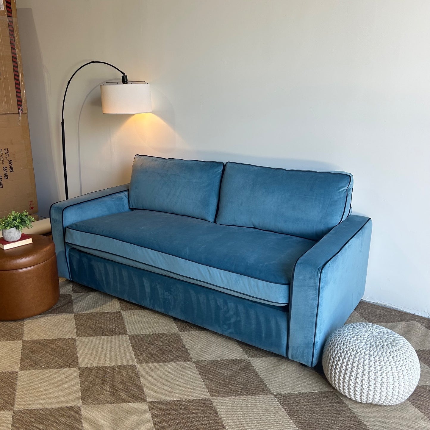 Interior Define James Sleeper Couch with Contrast Piping in Blue Performance Velvet