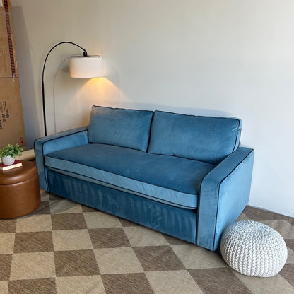 Interior Define James Sleeper Couch with Contrast Piping in Blue Performance Velvet