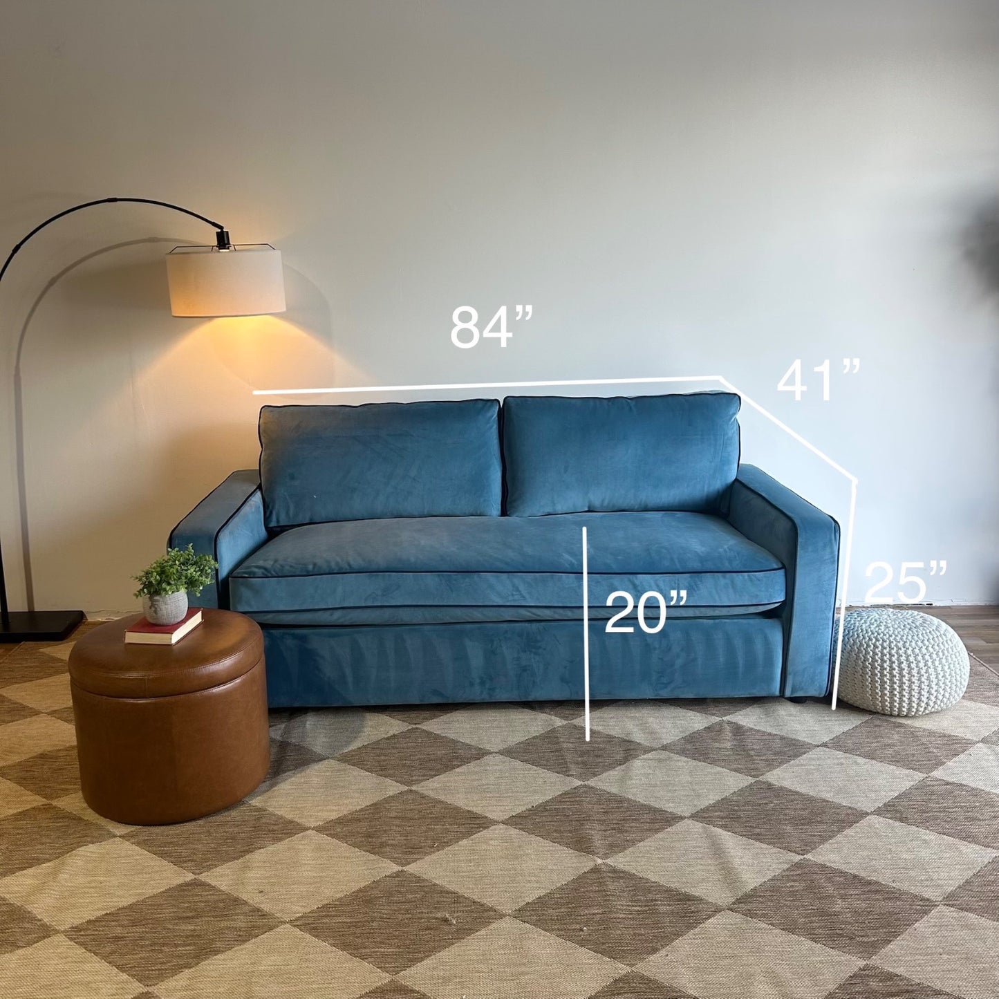 Interior Define James Sleeper Couch with Contrast Piping in Blue Performance Velvet