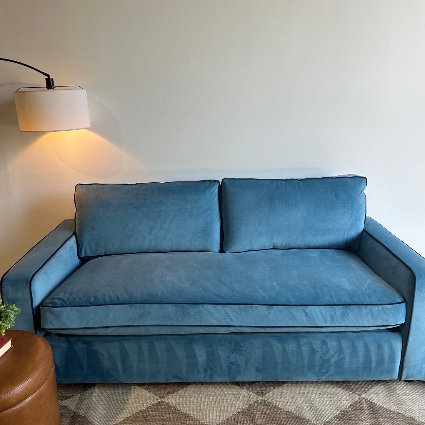 Interior Define James Sleeper Couch with Contrast Piping in Blue Performance Velvet