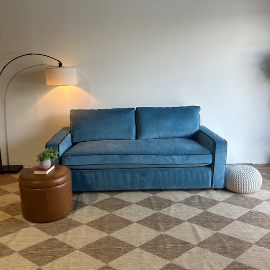 Interior Define James Sleeper Couch with Contrast Piping in Blue Performance Velvet