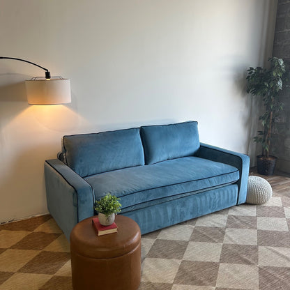 Interior Define James Sleeper Couch with Contrast Piping in Blue Performance Velvet