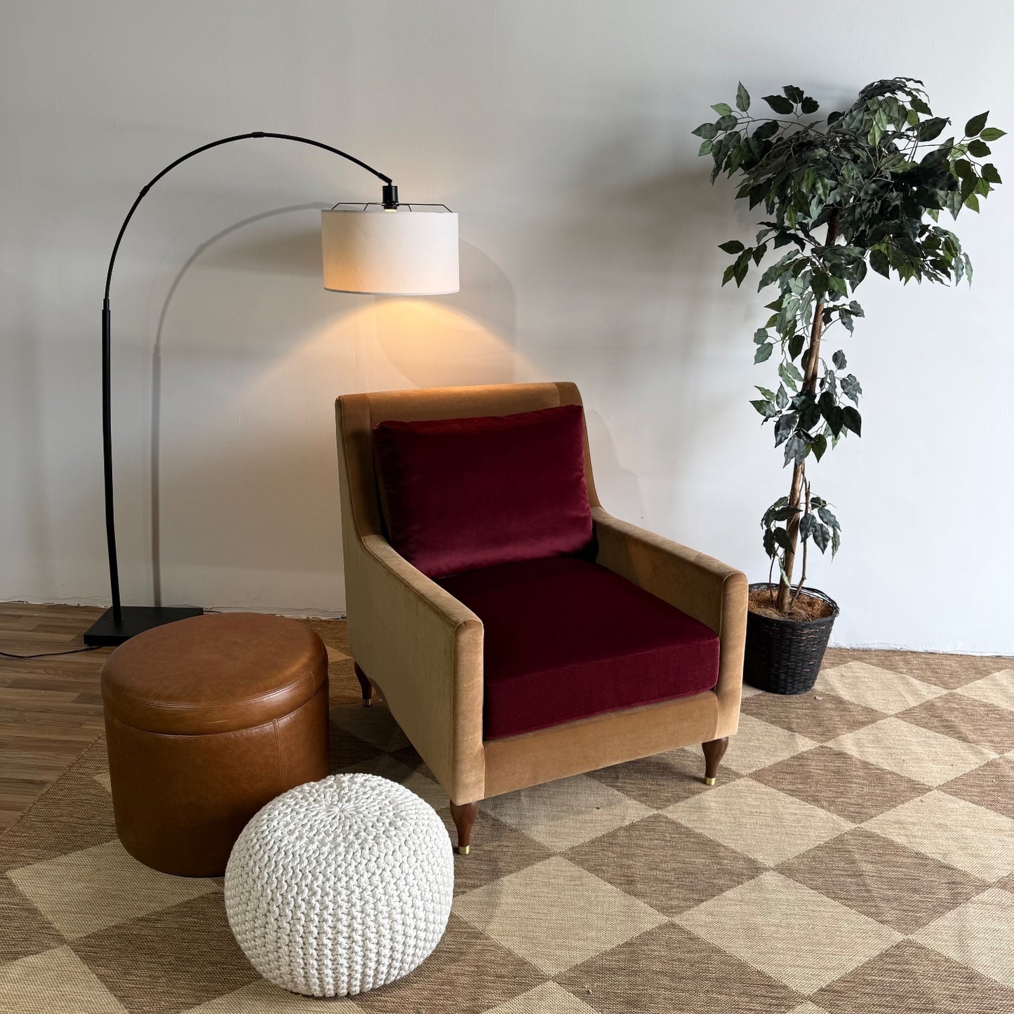 Interior Define Lennox Block Petite Chair in Brown & Red Performance Velvet