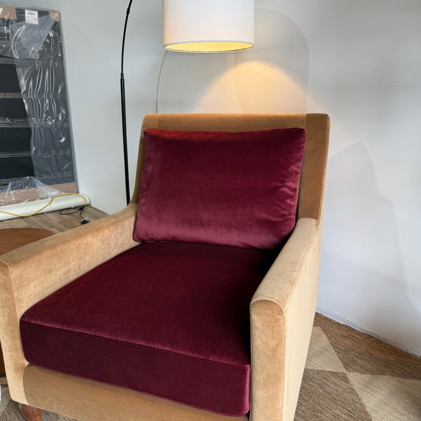 Interior Define Lennox Block Petite Chair in Brown & Red Performance Velvet