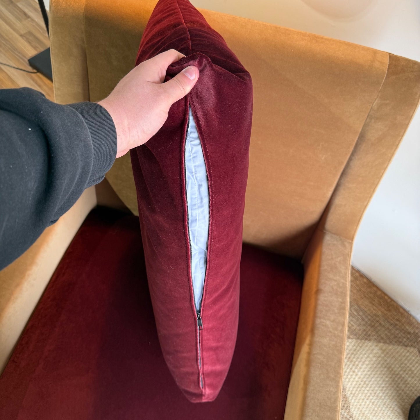 Interior Define Lennox Block Petite Chair in Brown & Red Performance Velvet