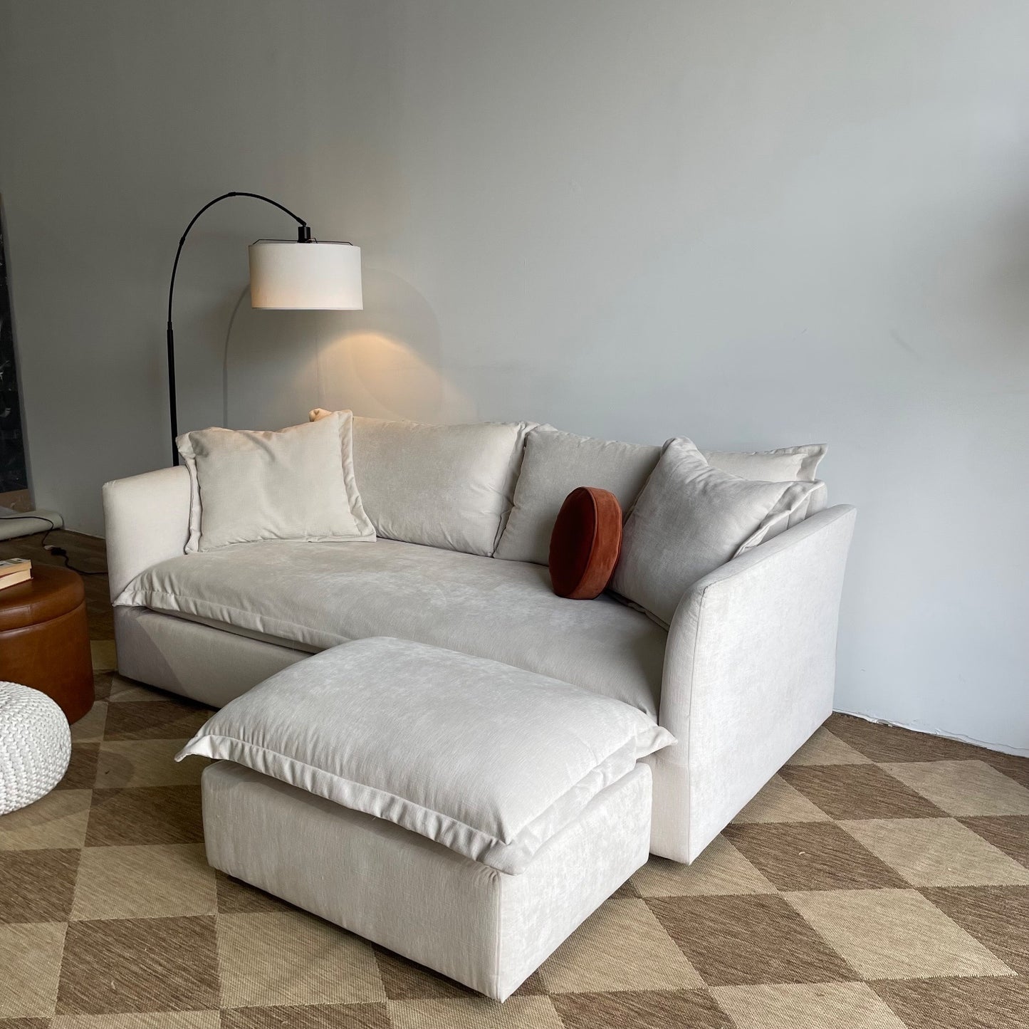 Interior Define Skylar Sofa + Ottoman in Cream Performance Vintage Velvet