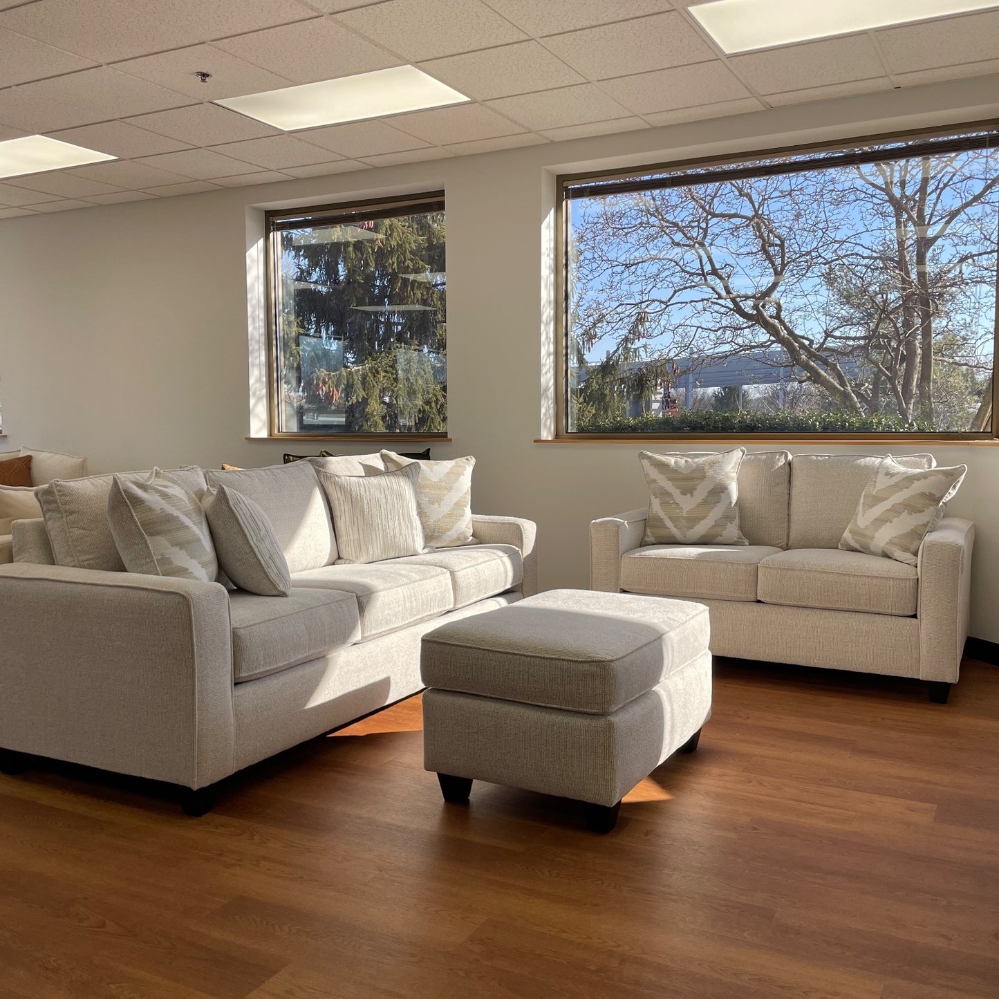 Linden Sofa + Loveseat + Ottoman Set in Sand Fabric