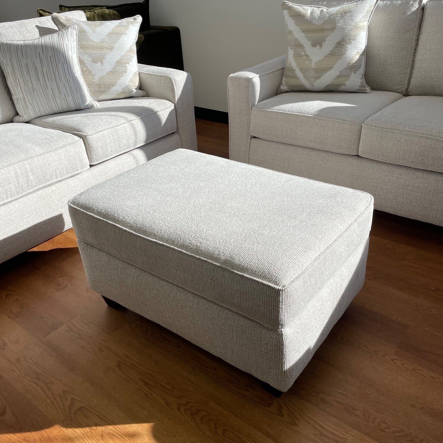 Linden Ottoman in Sand Fabric