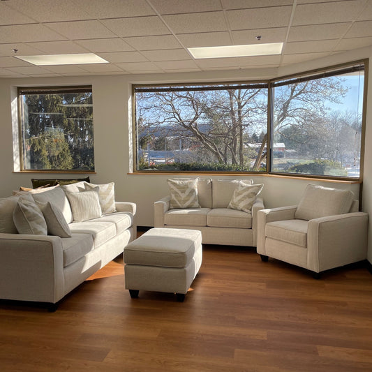 Linden Sofa + Loveseat + Chair + Ottoman Set in Sand Fabric