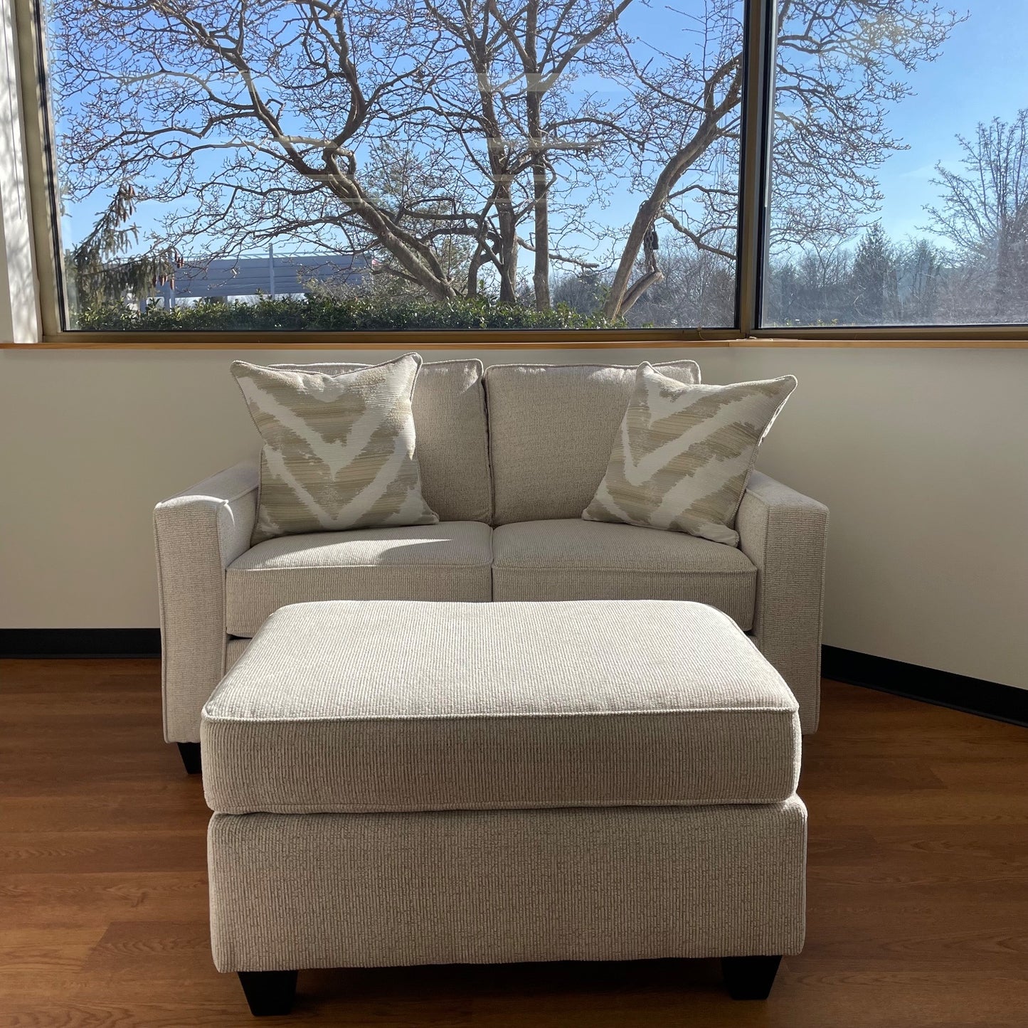 Linden Loveseat + Ottoman Set in Sand Fabric