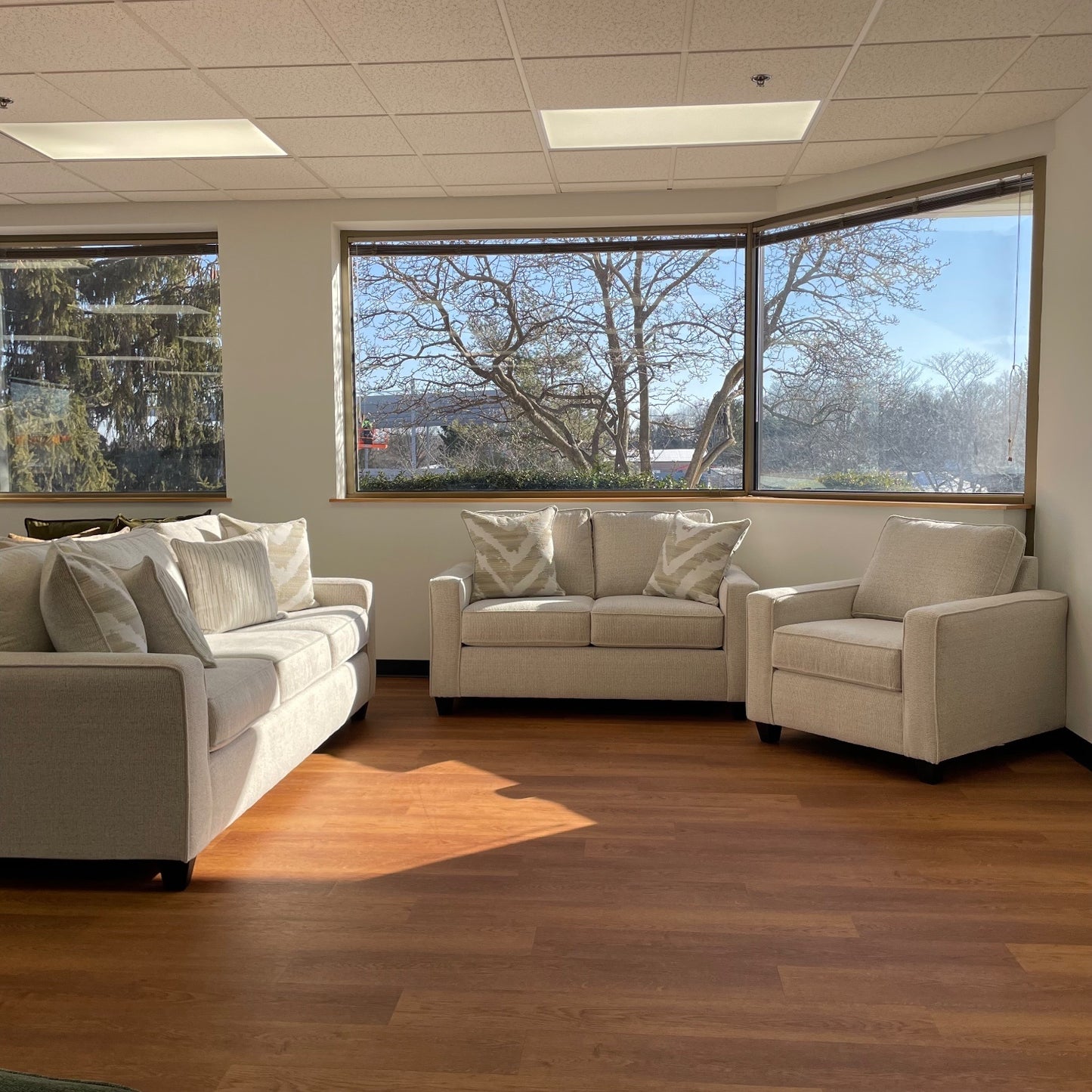 Linden Sofa + Loveseat + Chair Set in Sand Fabric