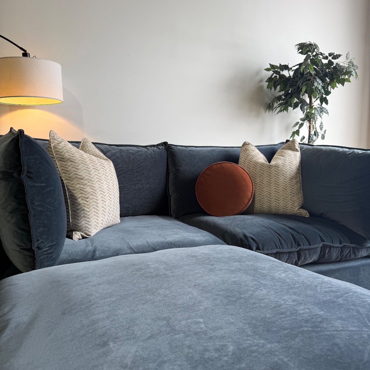 Bellamia Luna Loveseat + Ottoman in Dusty Blue Performance Velvet