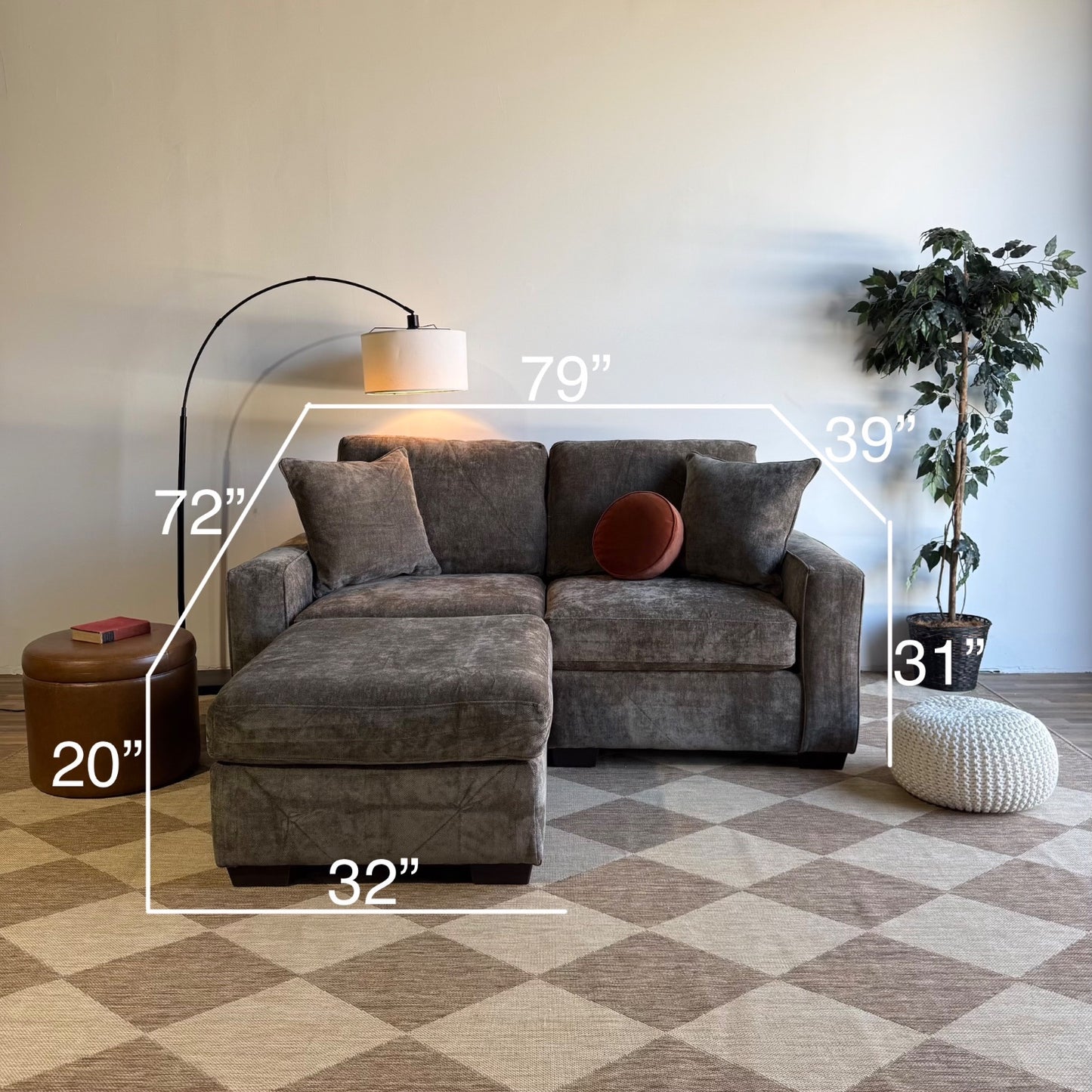 Atlas Modular Loveseat w/Ottoman in Brown Chenille