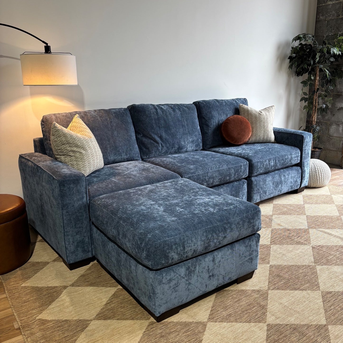 Atlas Modular Sofa and Ottoman Couch in Blue Chenille
