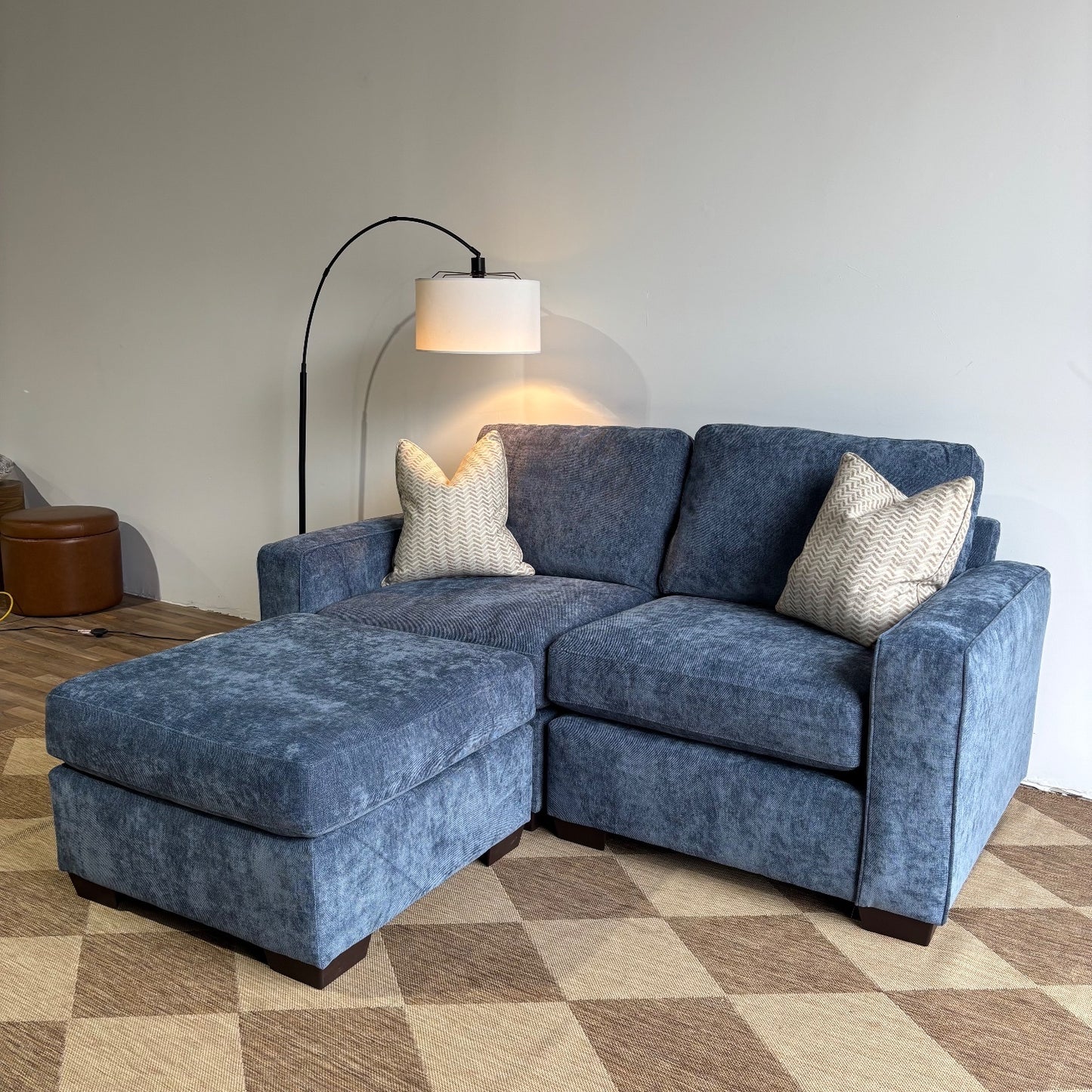 Atlas Modular Loveseat Sofa with Ottoman in Blue Chenille