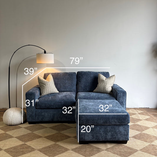 Atlas Modular Loveseat Sofa with Ottoman in Blue Chenille