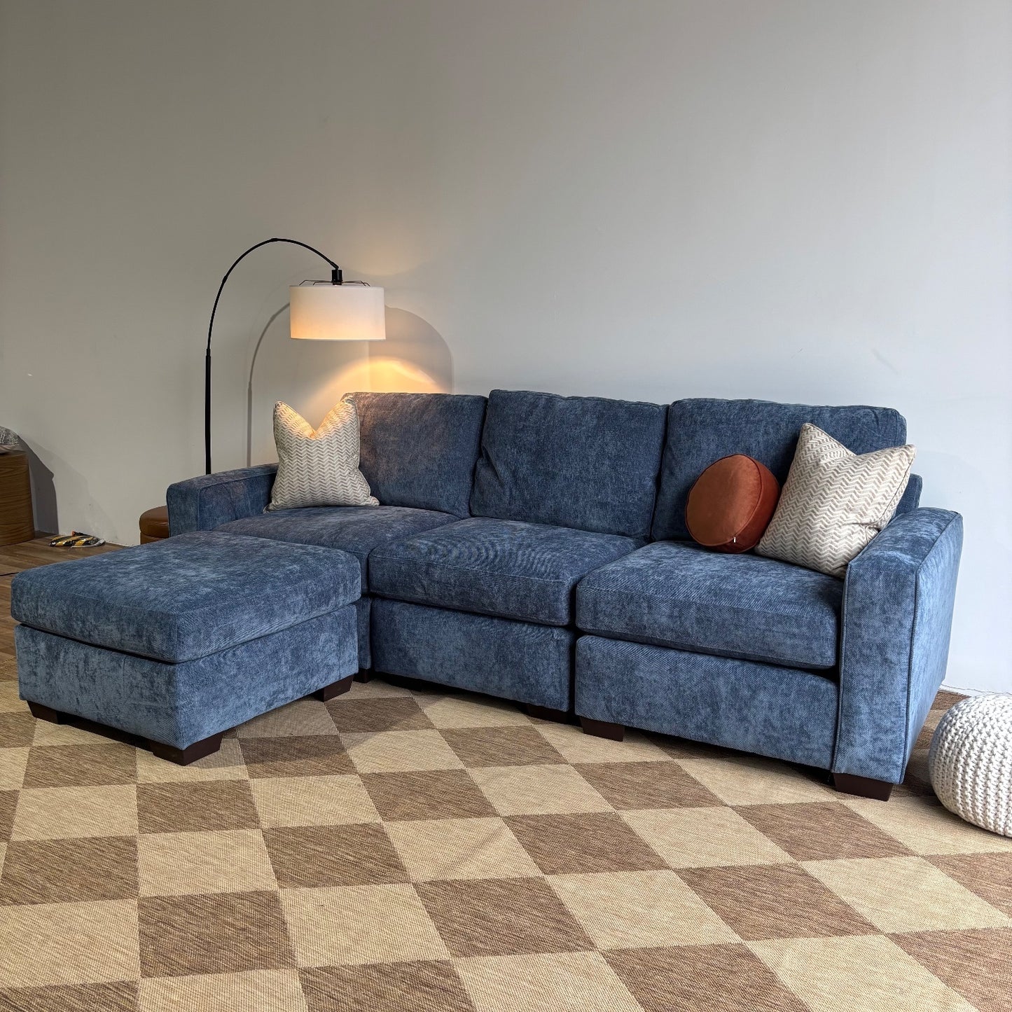 Atlas Modular Sofa and Ottoman Couch in Blue Chenille