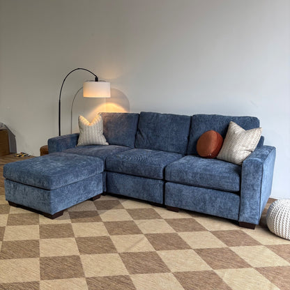 Atlas Modular Sofa and Ottoman Couch in Blue Chenille