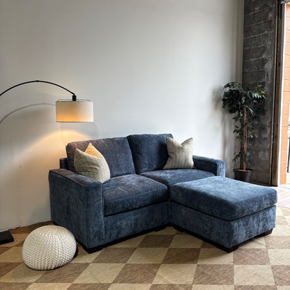 Atlas Modular Loveseat Sofa with Ottoman in Blue Chenille