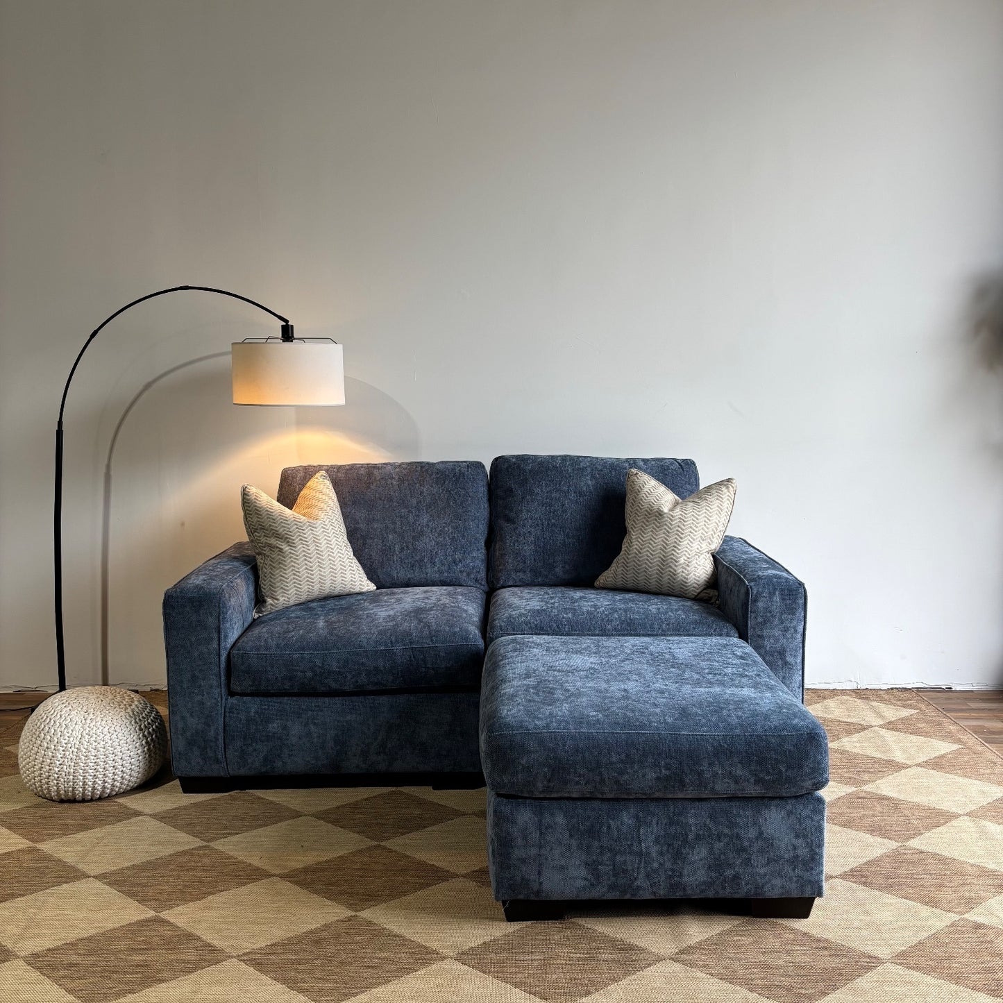 Atlas Modular Loveseat Sofa with Ottoman in Blue Chenille