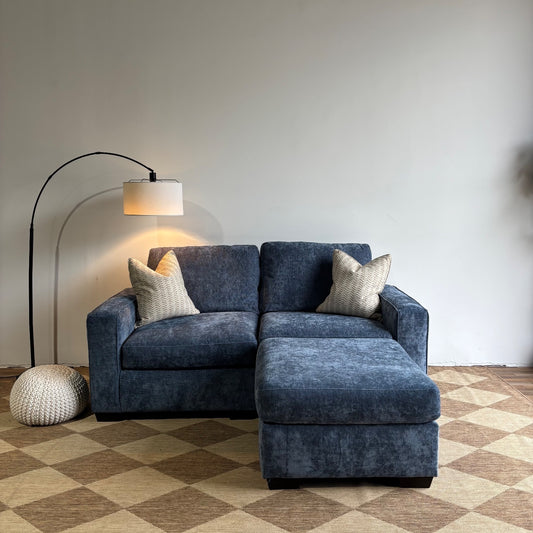 Atlas Modular Loveseat Sofa with Ottoman in Blue Chenille