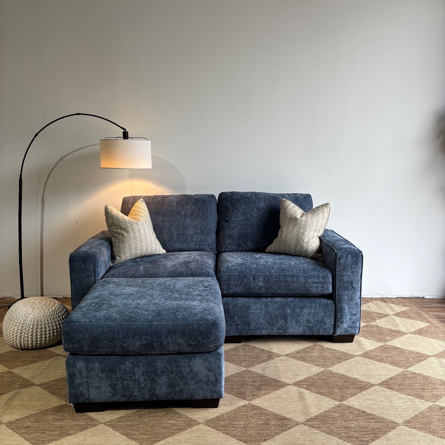 Atlas Modular Loveseat Sofa with Ottoman in Blue Chenille