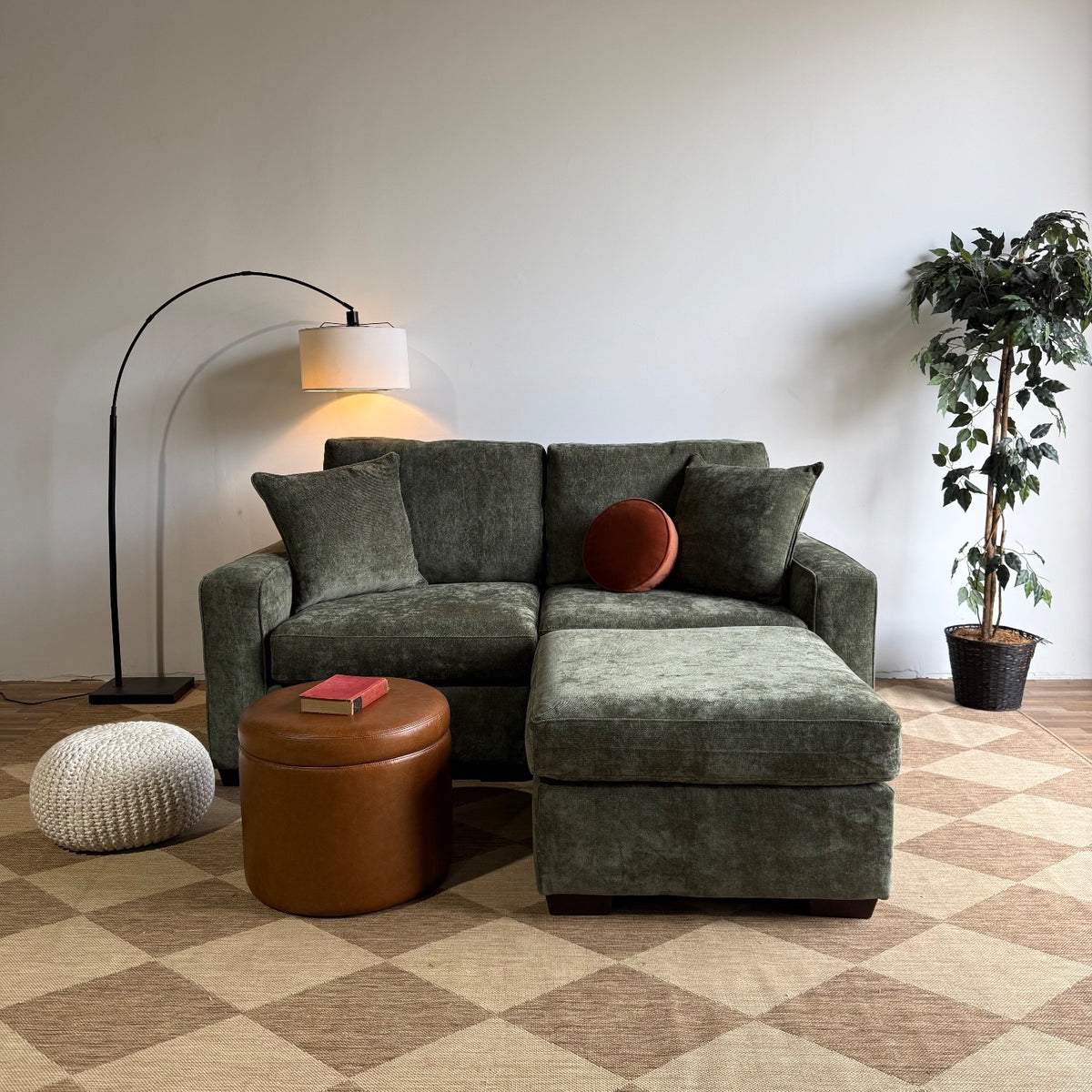 Atlas Modular Loveseat + Ottoman in Green Chenille — Kindred Couches