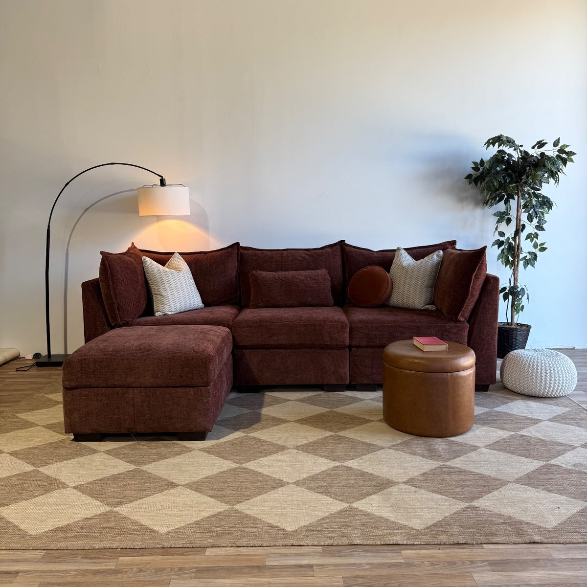 Ambler Modular Sofa w/ Ottoman in Red Chenille — Kindred Couches