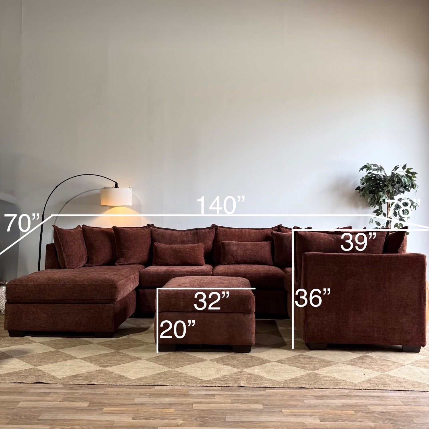 Ambler Modular U-Shape Enclosed Left Chaise Sectional w/ Ottoman in Red Chenille — Kindred Couches