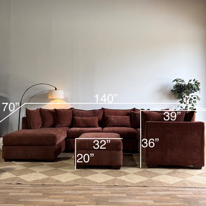 Ambler Modular U-Shape Enclosed Left Chaise Sectional w/ Ottoman in Red Chenille — Kindred Couches