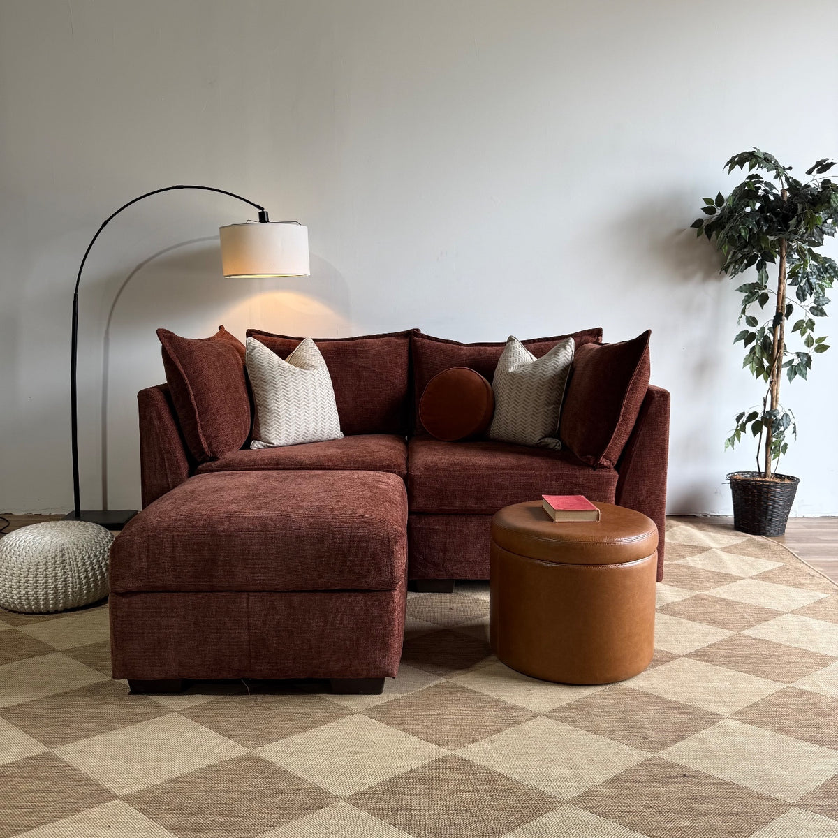 Ambler Modular Loveseat w/Storage Ottoman in Red Chenille — Kindred Couches