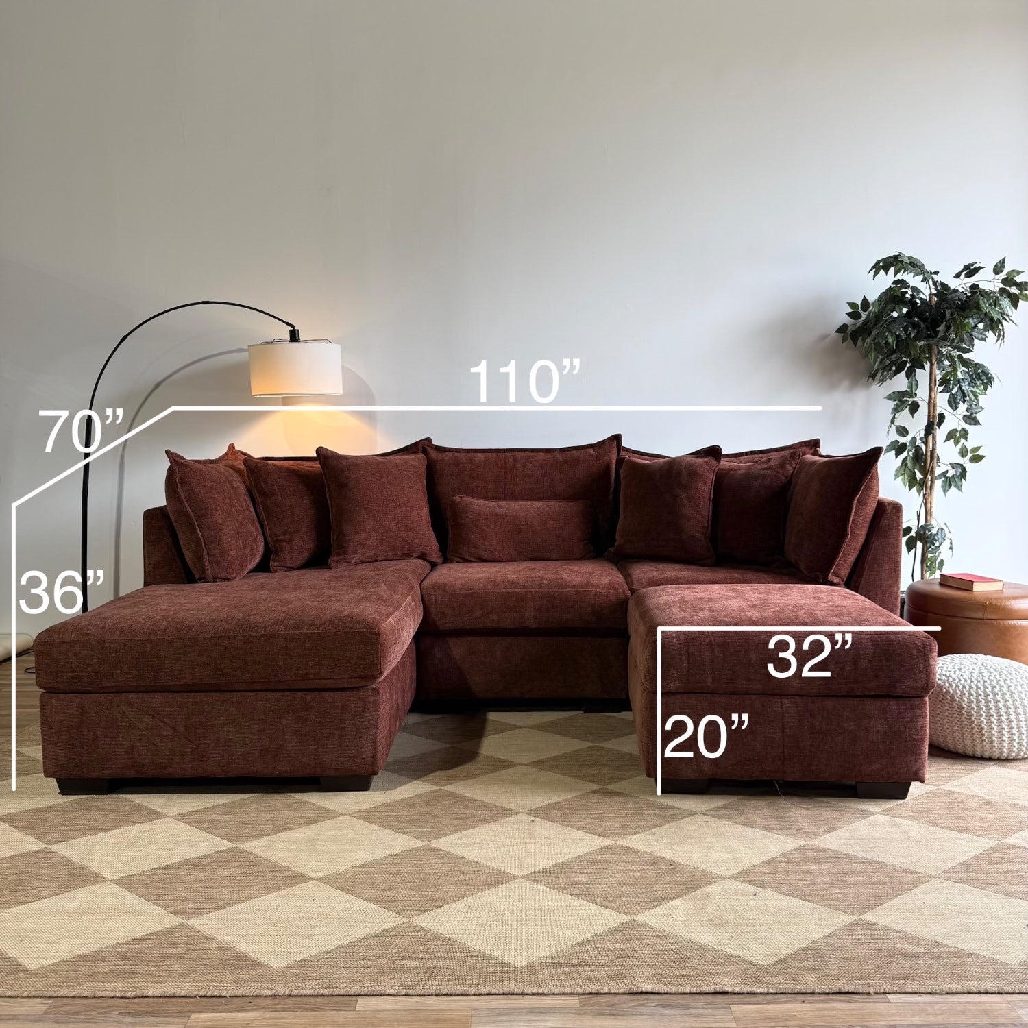 Ambler Modular Left Chaise Sectional w/ Ottoman in Red Chenille — Kindred Couches
