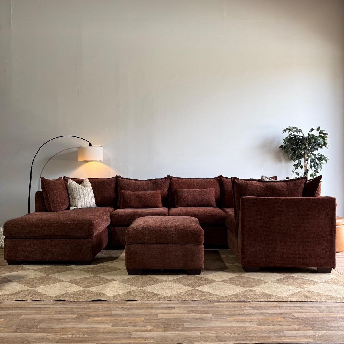 Ambler Modular U-Shape Enclosed Left Chaise Sectional w/ Ottoman in Red Chenille — Kindred Couches