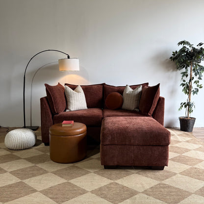 Ambler Modular Loveseat w/Storage Ottoman in Red Chenille — Kindred Couches