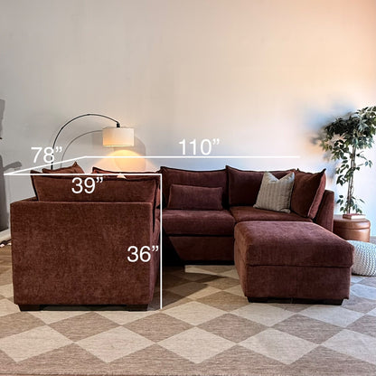 Ambler Modular L-Shape Enclosed w/ Ottoman in Red Chenille — Kindred Couches
