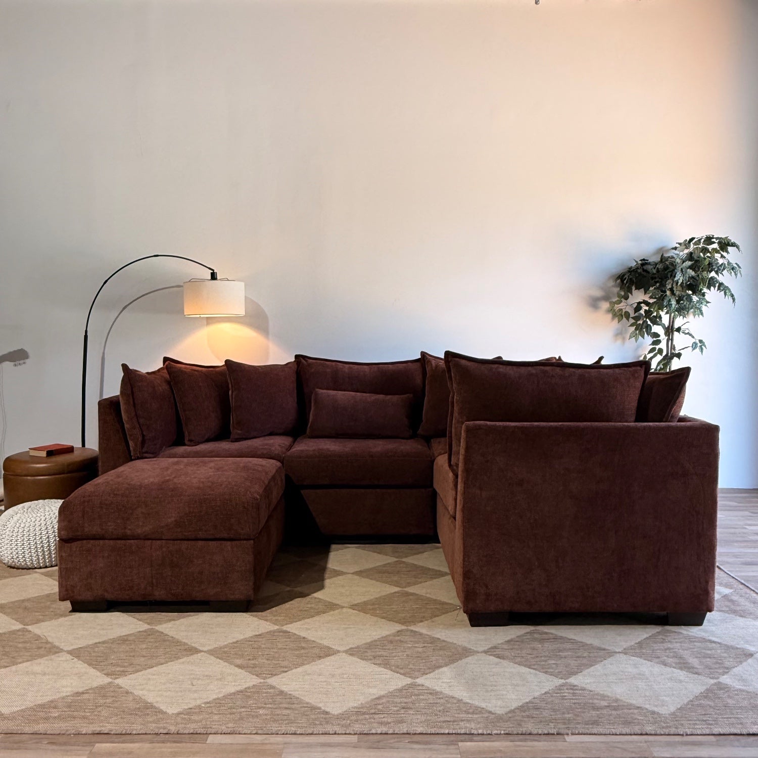 Ambler Modular L-Shape Enclosed w/ Ottoman in Red Chenille — Kindred Couches