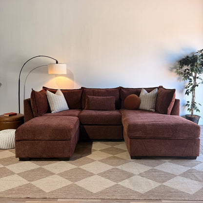 Ambler Modular Right Chaise Sectional w/ Ottoman in Red Chenille — Kindred Couches