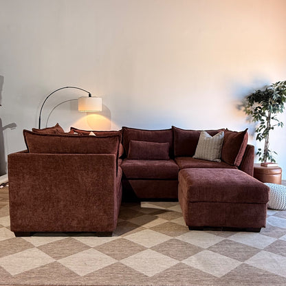 Ambler Modular L-Shape Enclosed w/ Ottoman in Red Chenille — Kindred Couches