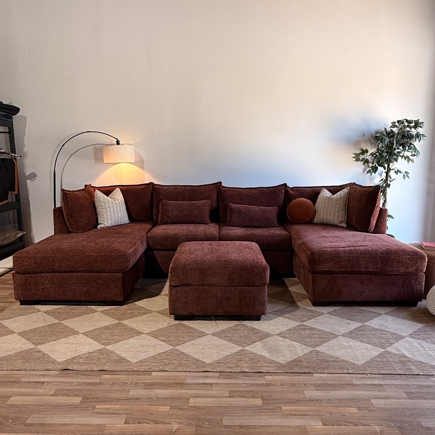 Ambler Modular Double Chaise Long Sectional w/Ottoman in Red Chenille — Kindred Couches