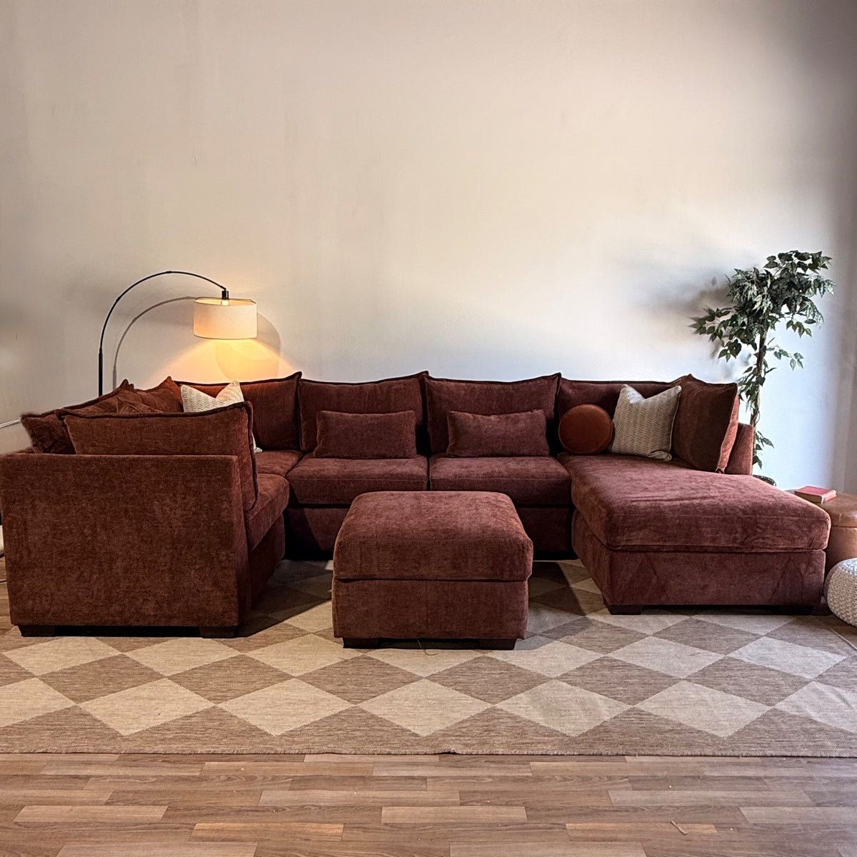 Ambler Modular U-Shape Enclosed Right Chaise Sectional w/ Ottoman in Red Chenille — Kindred Couches